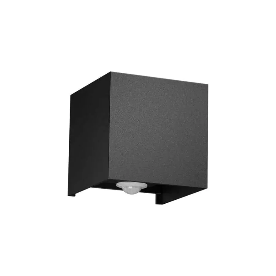 Compact black aluminum outdoor lamp with square shape and integrated PIR motion sensor, emitting warm white light