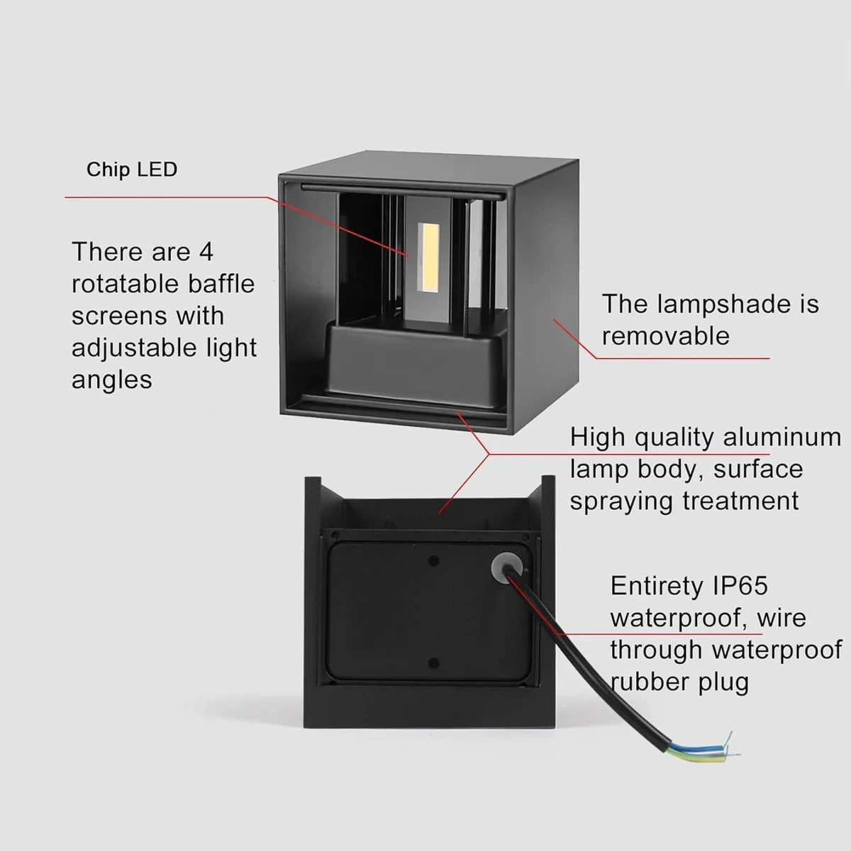 Black square waterproof outdoor wall lights with PIR motion sensor and warm white LED, modern aluminum design