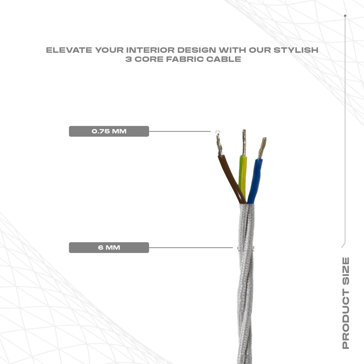 Close-up of gold braided vintage fabric cable showing twisted 3 core design and fabric finish on 5 meter length cable
