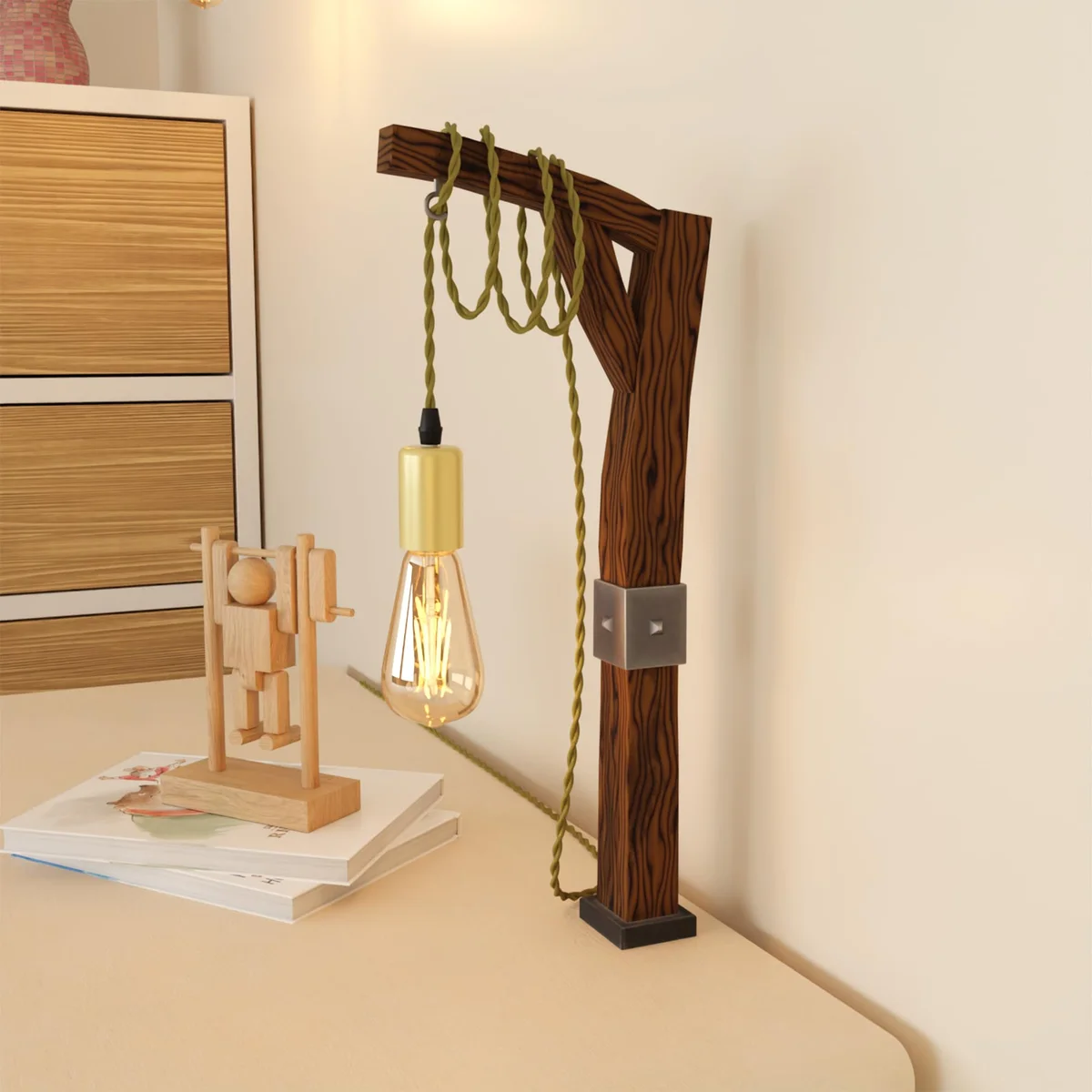 Close-up of gold braided electrical cable with three twisted fabric-covered copper cores, 5 meters long, vintage style