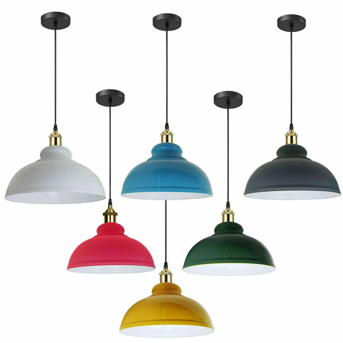Yellow modern pendant light with large metal shade hanging from high ceiling, ideal for living rooms and studies