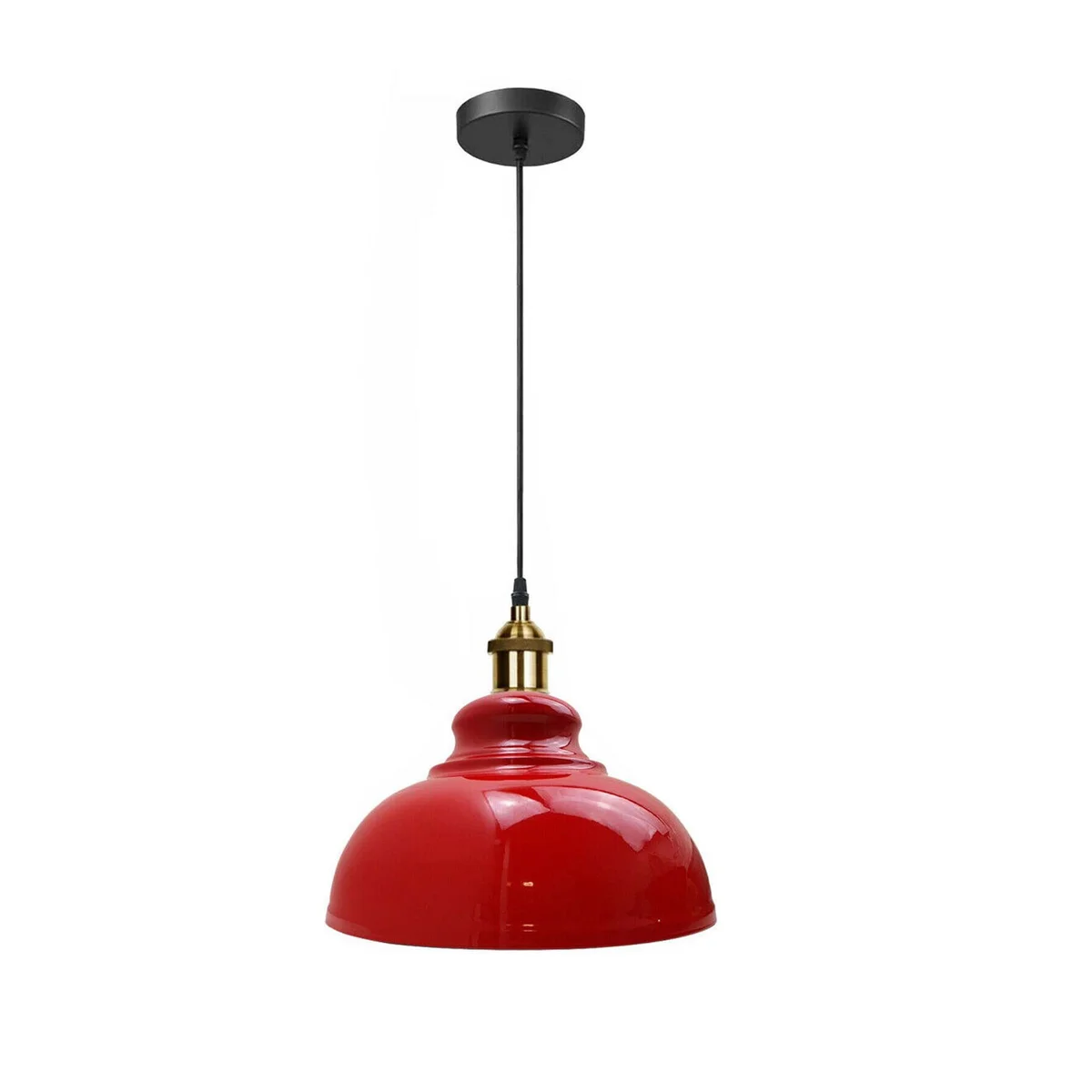Yellow metal pendant lamp with large single shade hanging from high ceiling in modern room setting