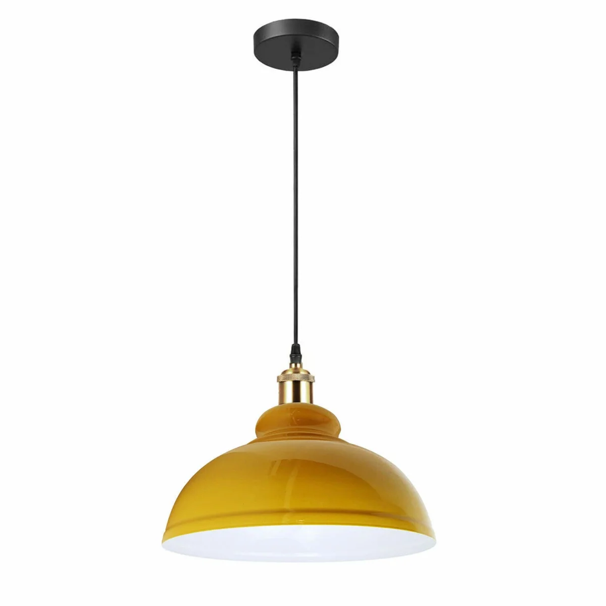 Yellow large metal pendant light with E27 bulb holder hanging from high ceiling in modern room setting