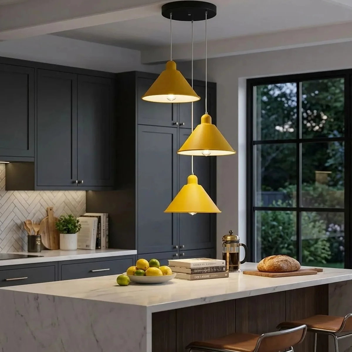 3 light cluster pendant with three retro metal cone shades and warm LED bulbs hanging from a compact ceiling rose