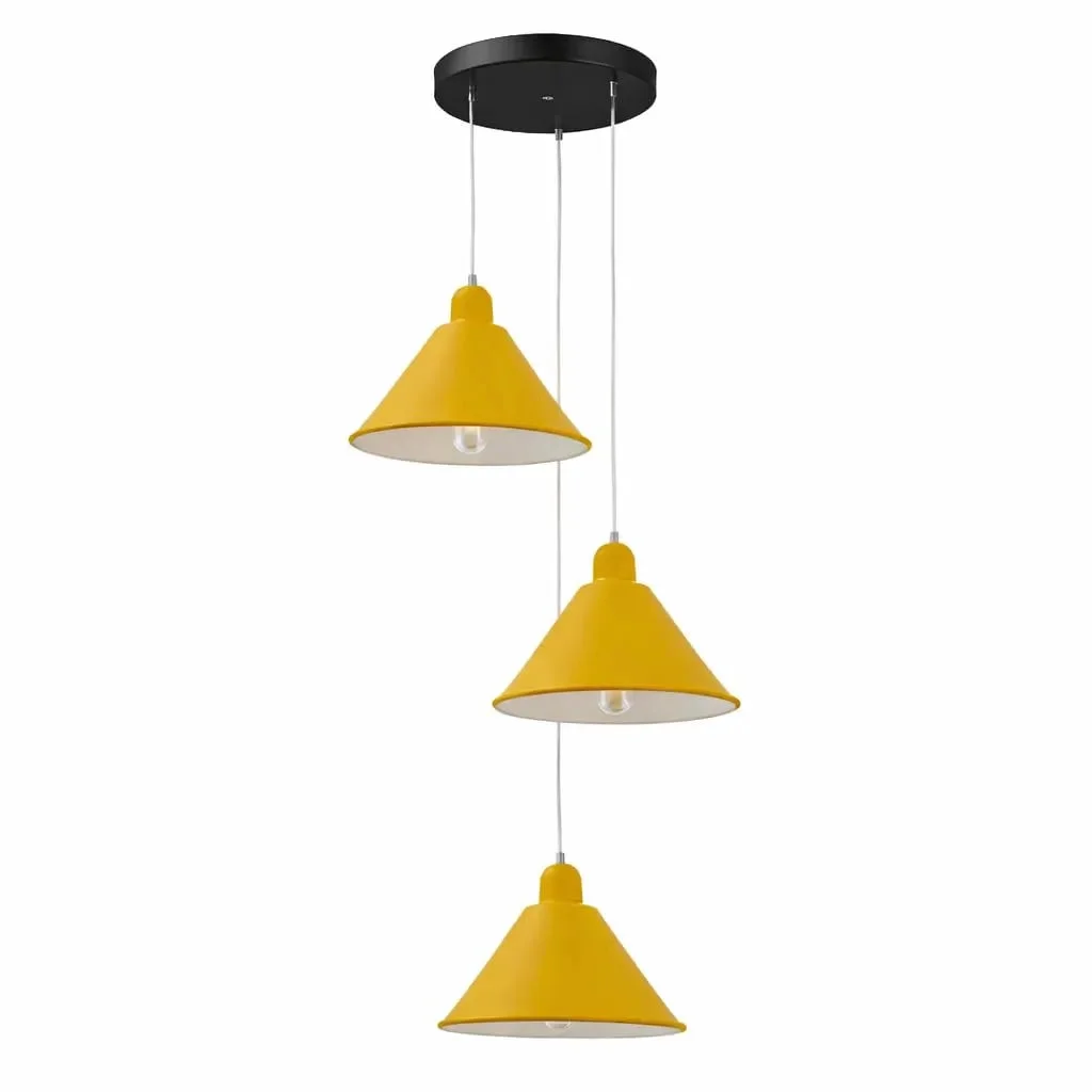 Three-drop pendant cluster light with retro metal cone shades and dimmable LED ceiling light bulbs hanging from a compact rose