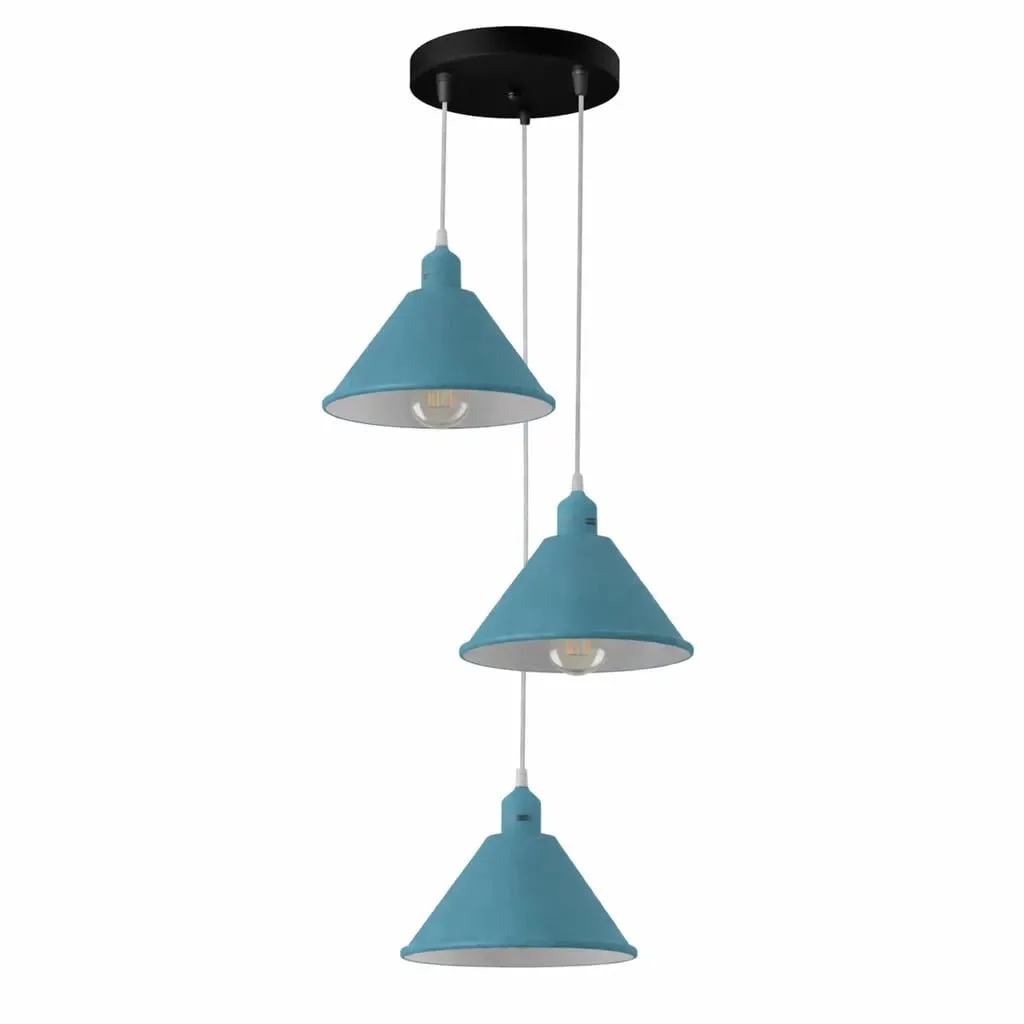 Three drop pendant cluster light with adjustable cords and metal cone shades pendant in matte finish and warm LED bulbs
