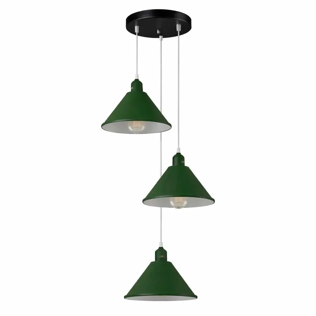 Three retro metal cone shades hanging from adjustable cords attached to a 120mm ceiling rose light fitting