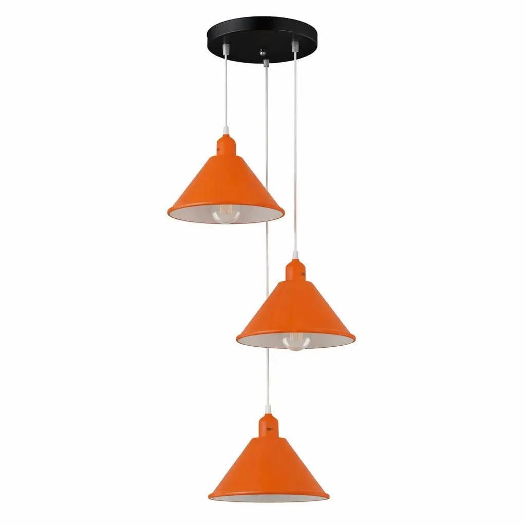 Three retro metal cone pendant lights with warm white LED bulbs hanging from a compact 120mm ceiling rose