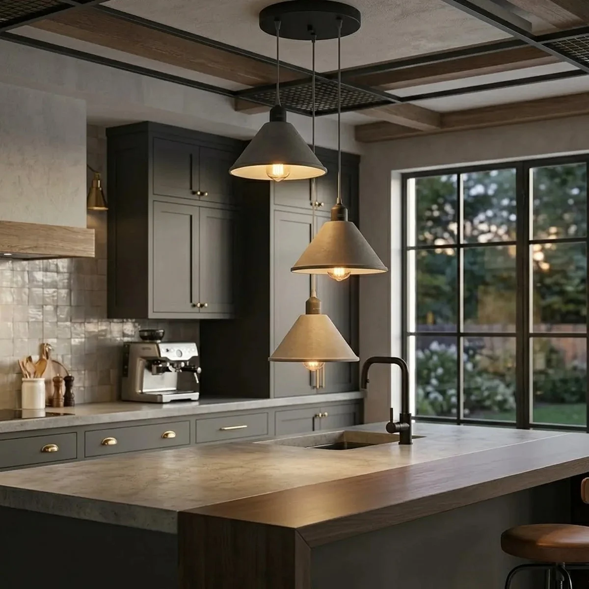 3 light cluster pendant with three retro metal cone shades hanging from adjustable cords and a compact ceiling rose