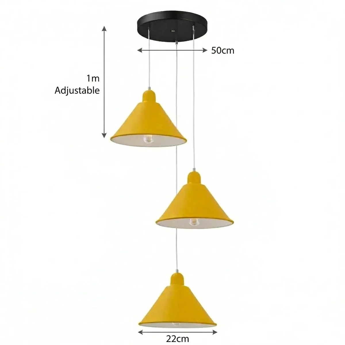 3 light cluster pendant with three retro metal cone shades hanging from a compact 120mm ceiling rose against white background