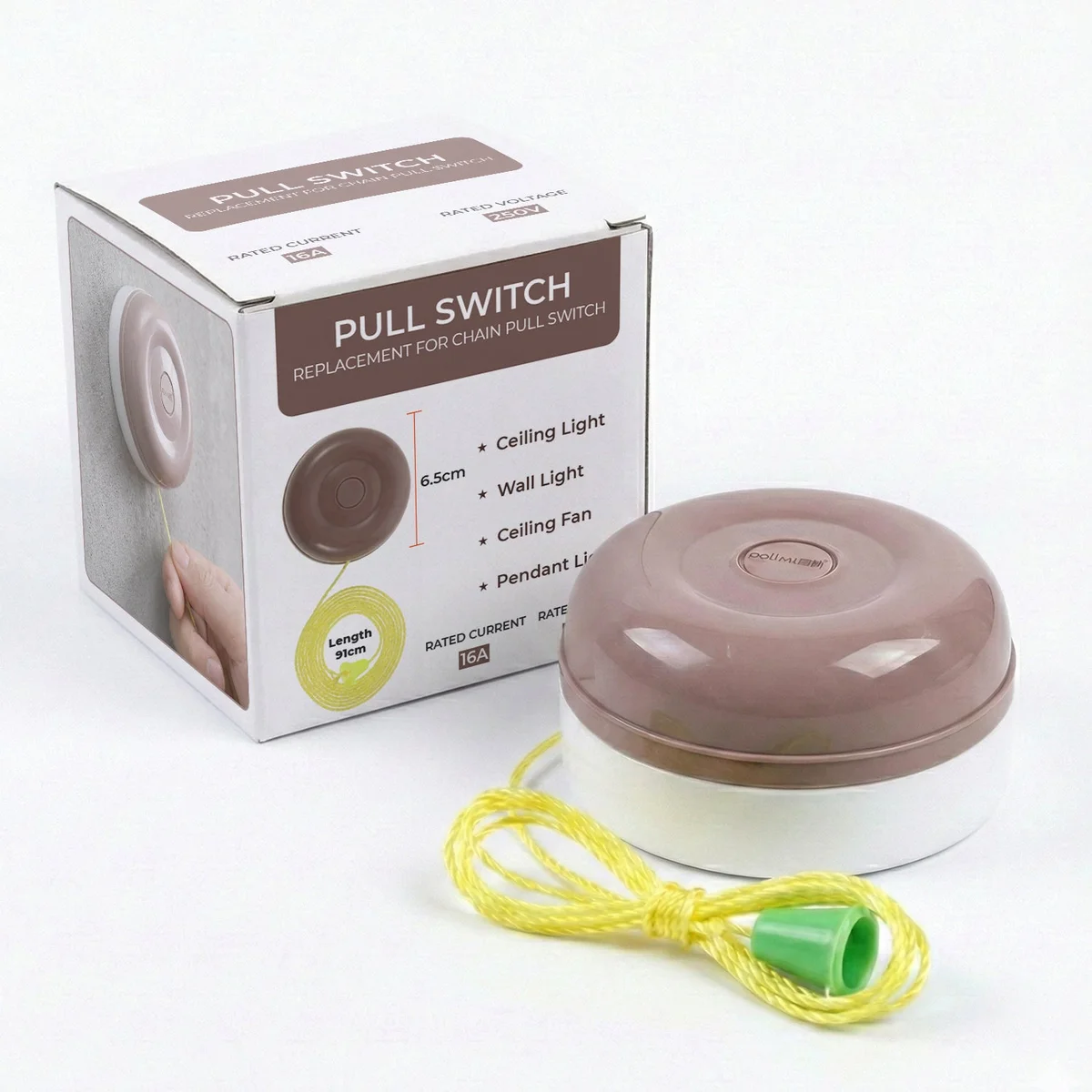 Heavy-duty 16A pull cord switch with bright yellow 80cm rope and green pull cap for ceiling fans and lighting controls