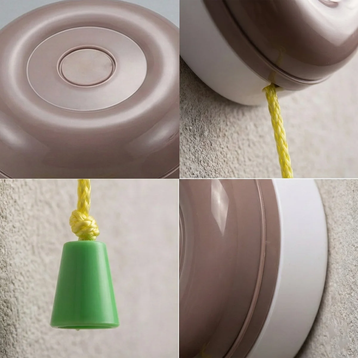 Heavy-duty E27 lamp holder switch with bright yellow 80cm pull cord and green pull cap for easy reach and safety