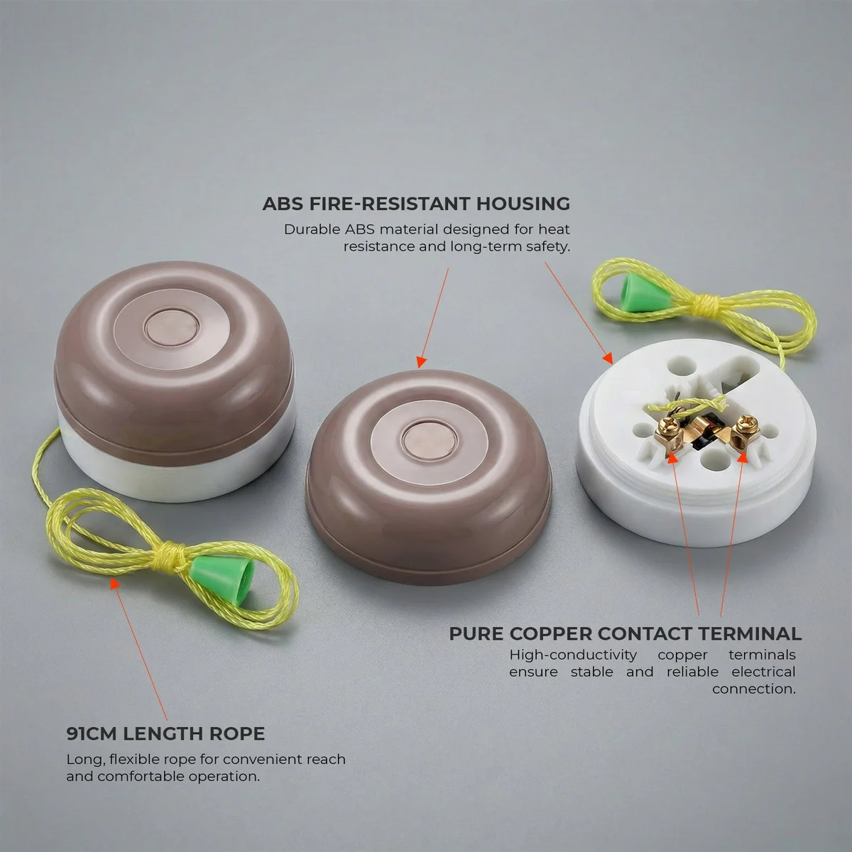 Heavy-duty 16A bathroom lighting switch with bright yellow 80cm pull cord and green pull cap for easy reach and safety