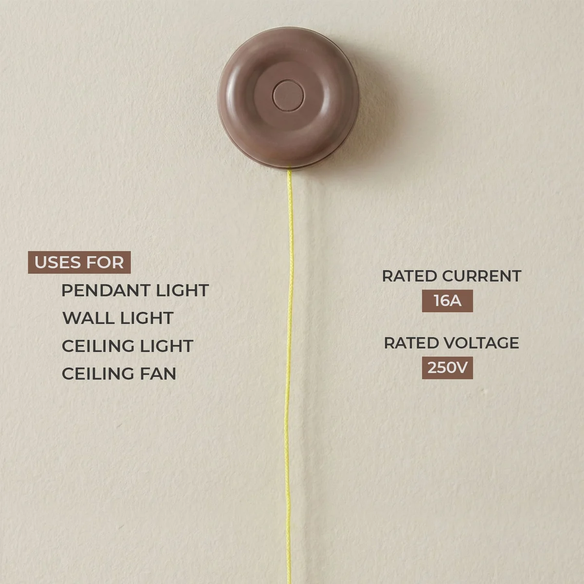 Heavy-duty ceiling fan pull switch with bright yellow 80cm cord and green pull cap for easy reach and visibility
