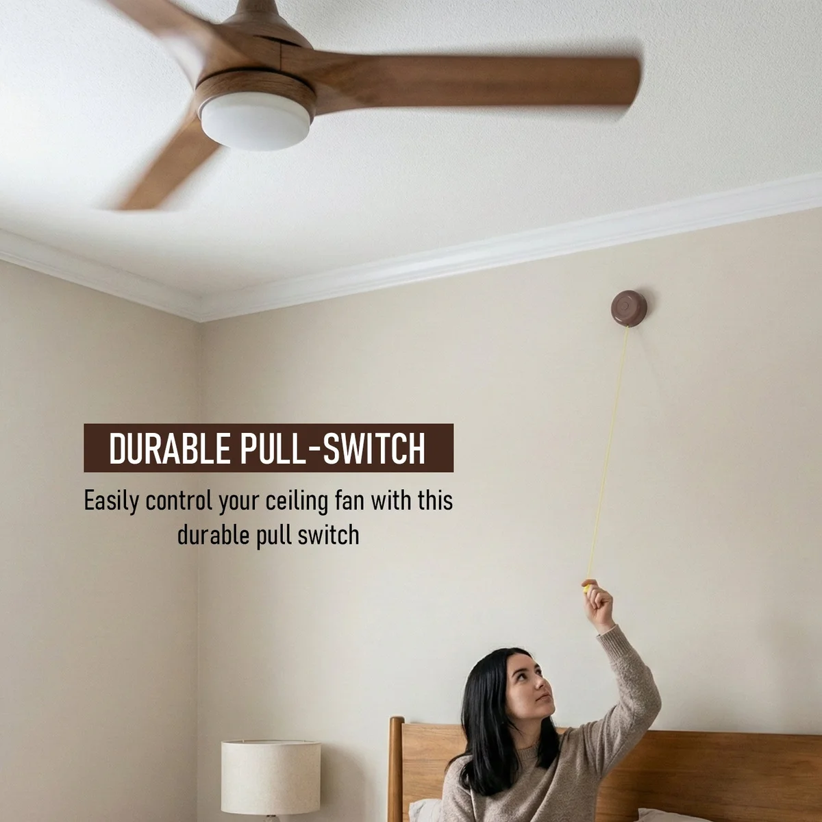 Heavy-duty 16A easy install pull switch with bright yellow 80cm rope and green pull cap for ceiling fans and lighting