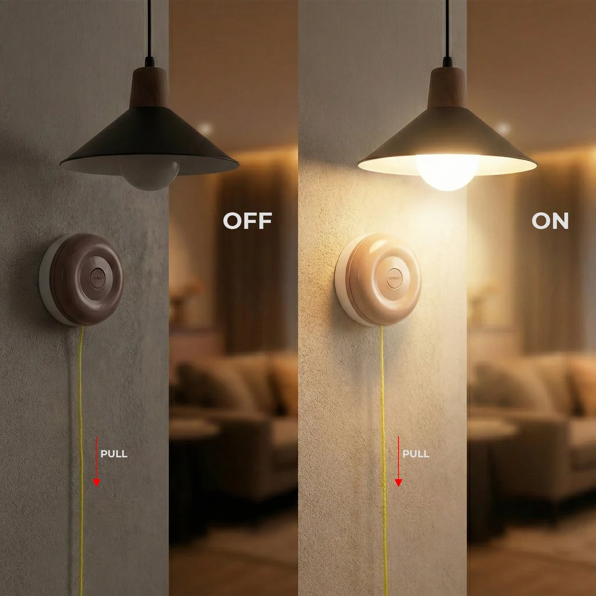 Heavy-duty 16A pull cord switch with bright yellow 80cm rope and green pull cap for ceiling fans and lighting control