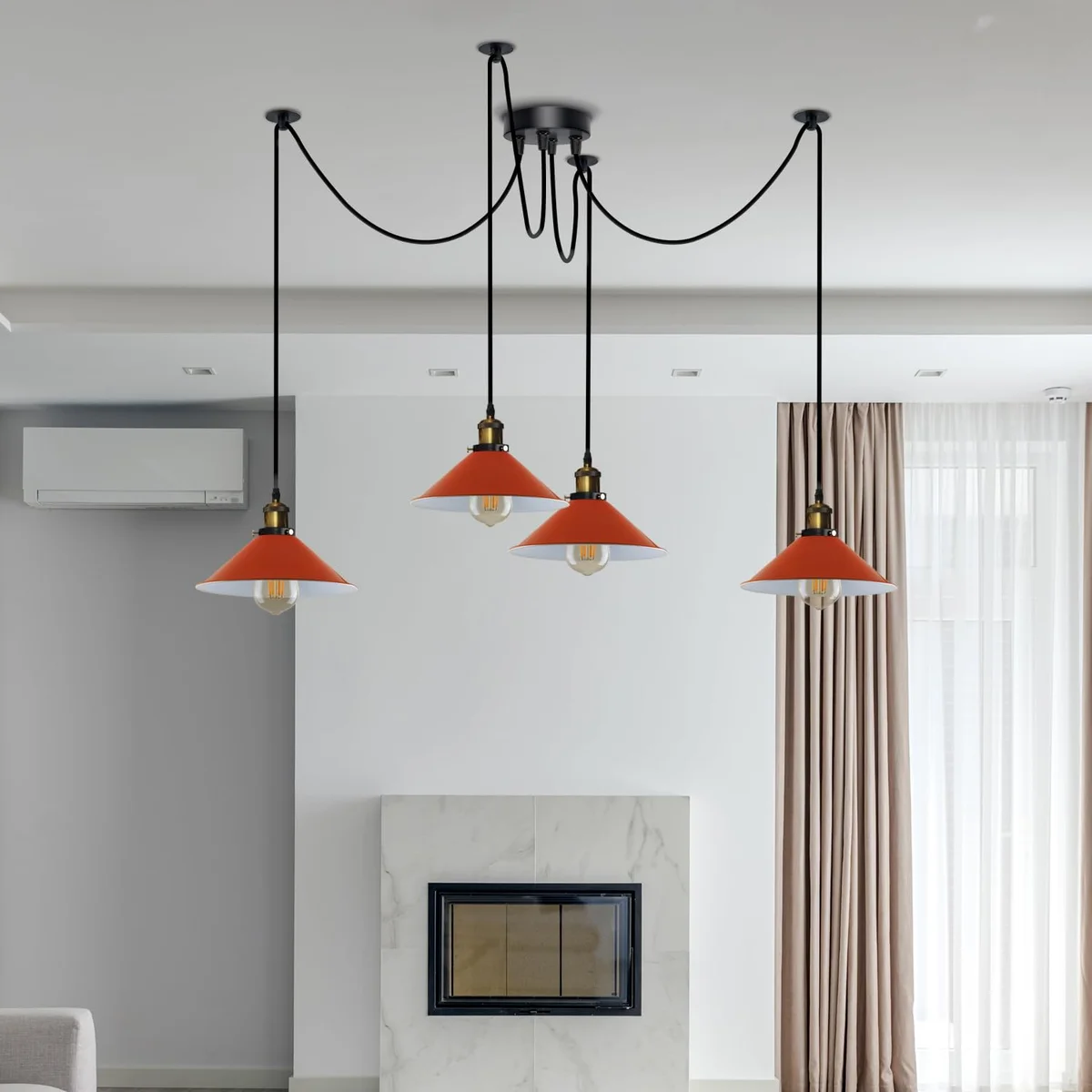 4 arm swag ceiling light with adjustable metal arms and cone shades hanging over a dining table with long cables