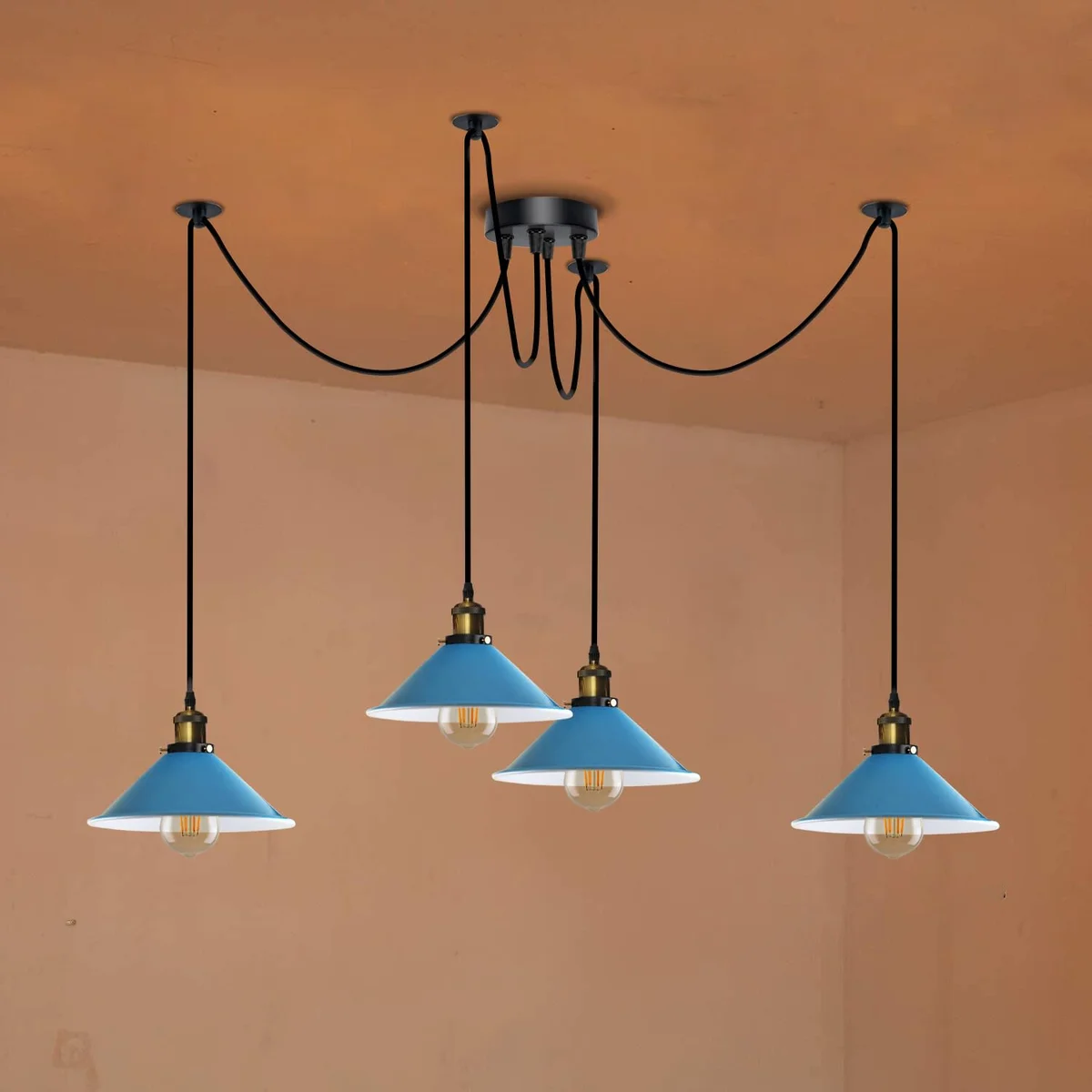 4-arm swag hook ceiling light with metal cone shades and adjustable 195cm cables over dining table