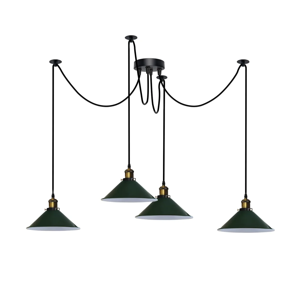 Modern 4 arm swag ceiling light with adjustable metal arms and cone shades hanging over a dining table with long cables