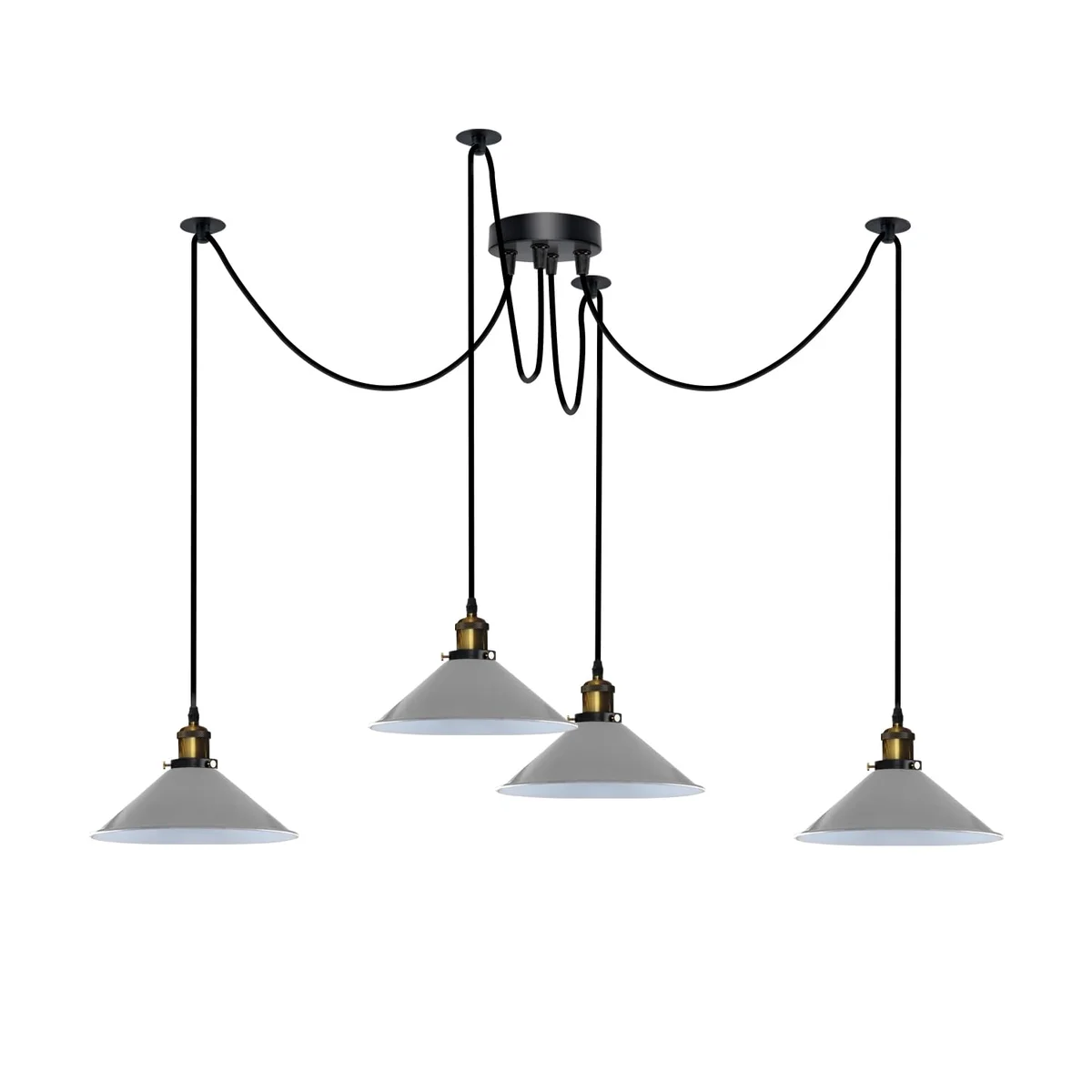 Modern 4 arm swag ceiling light with adjustable metal arms and cone shades hanging over a dining table with long cables