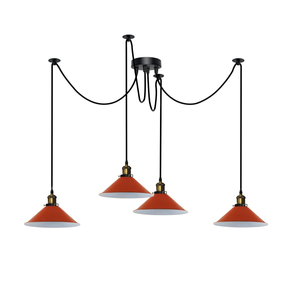 Modern 4 arm swag ceiling light with adjustable metal arms and cone shades hanging over a dining table