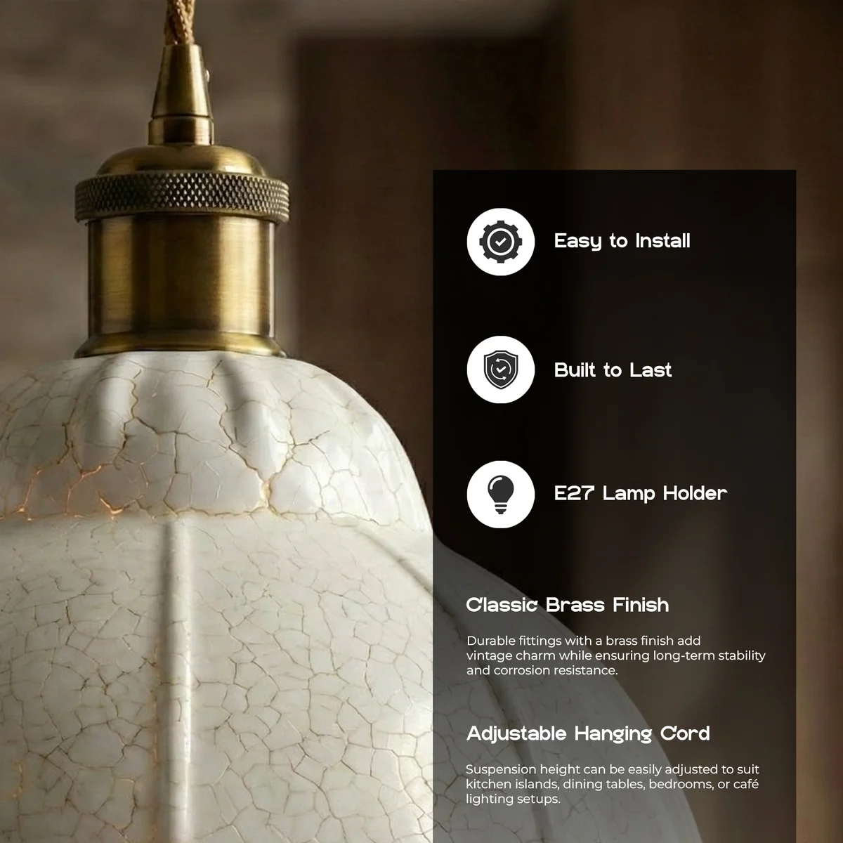 Vintage pendant light with clear scalloped glass shade featuring crackle texture and adjustable black fabric cable hanging above table