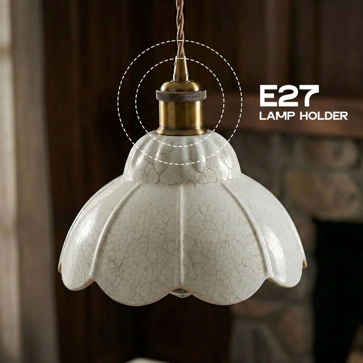 Clear scalloped vintage crackle glass pendant with brass cable, perfect mid-century pendant lighting for kitchen or dining room