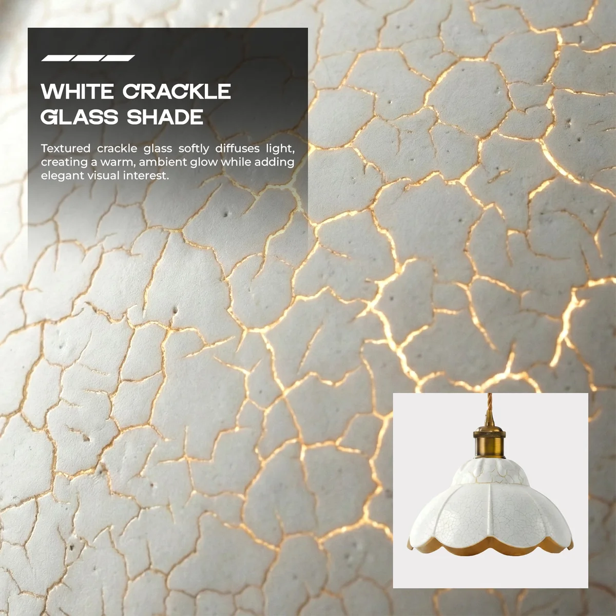 Vintage pendant light with scalloped crackle glass shade and adjustable black fabric cable hanging over kitchen island