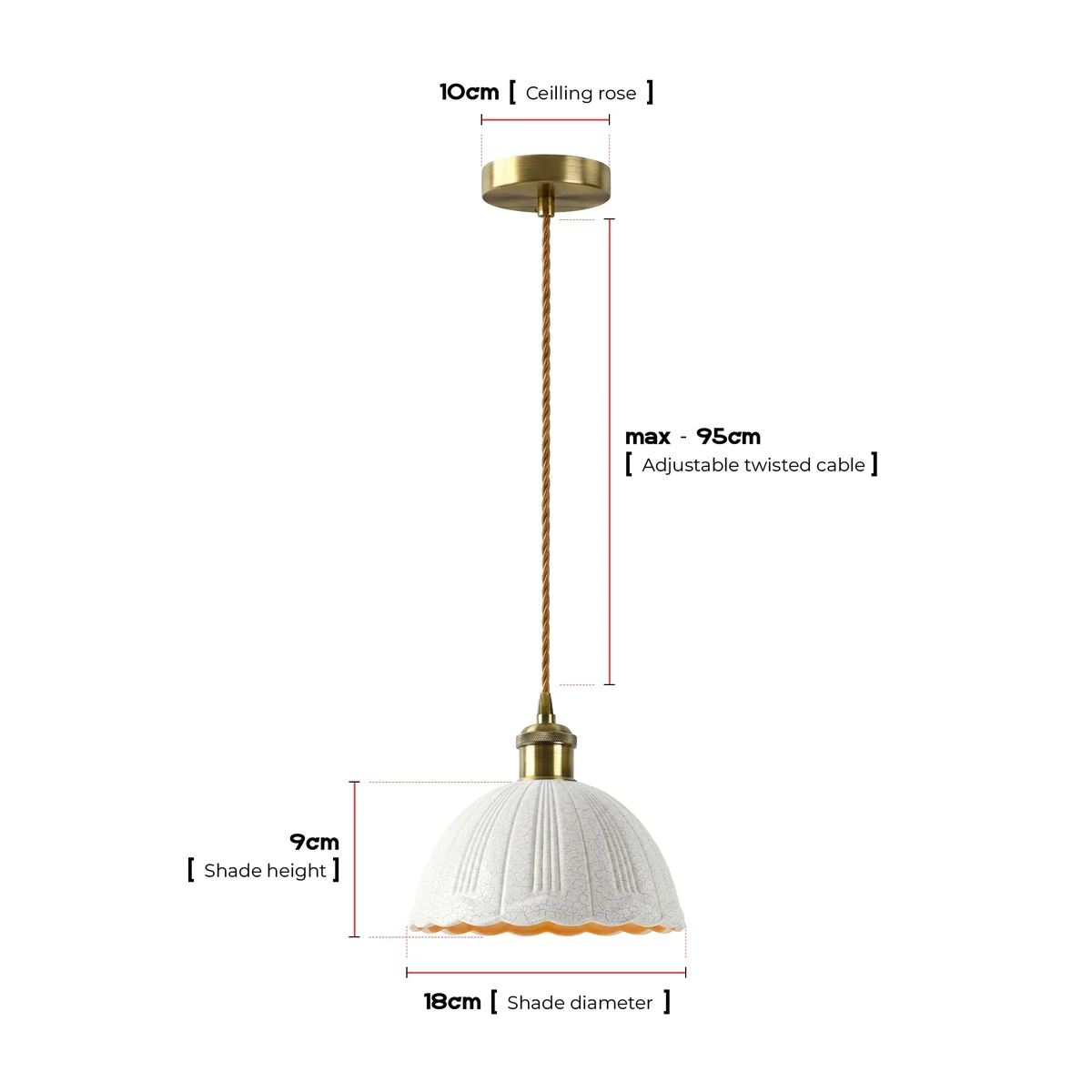 White crackle glass scalloped pendant light with brass hardware and adjustable fabric cord hanging against white background
