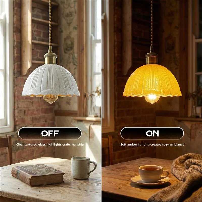 White crackle glass scalloped pendant light with brass hardware pendant light and adjustable fabric cord hanging from ceiling