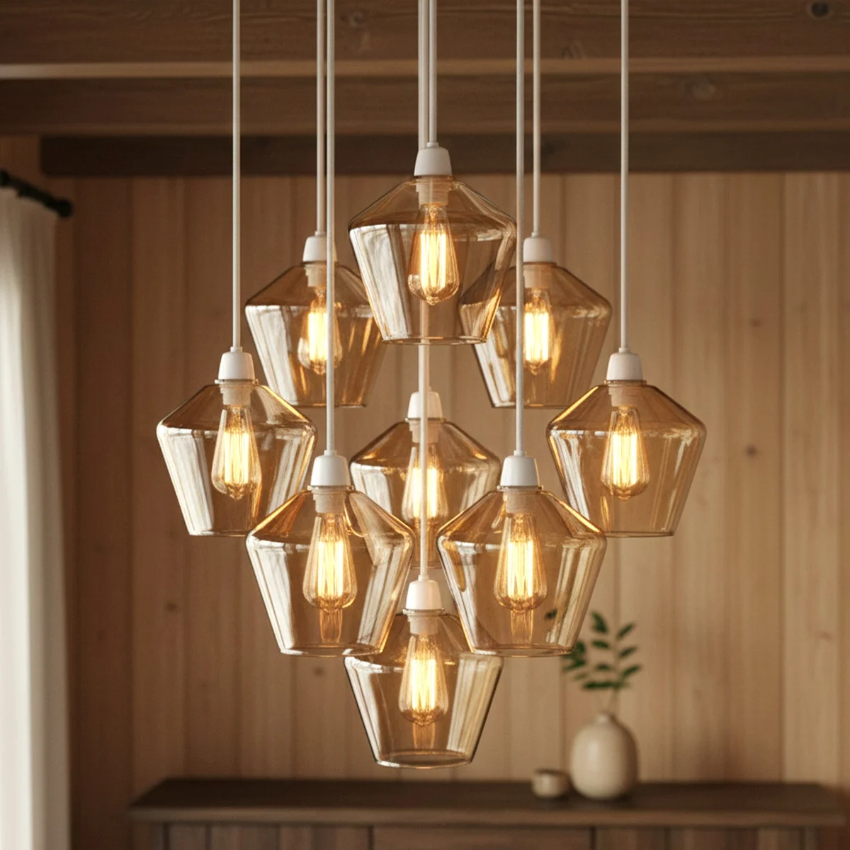 Diamond-shaped amber glass pendant shade with geometric facets and warm cognac tint for vintage lighting fixtures