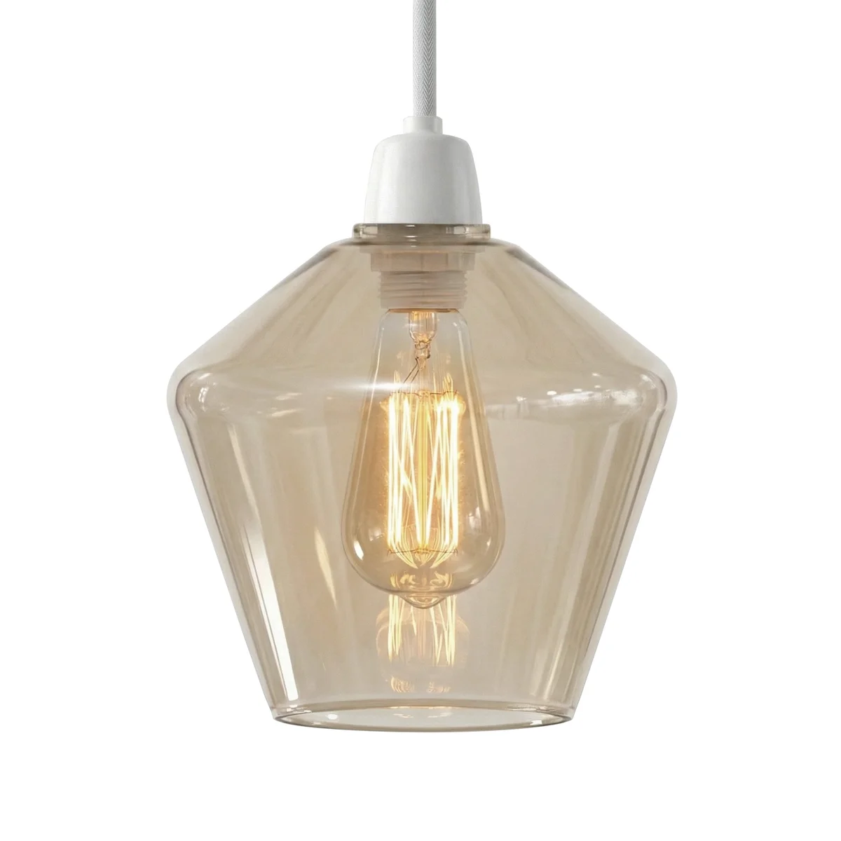 Diamond shaped lamp shade in amber glass with geometric facets, designed for E27 pendant lighting fixtures