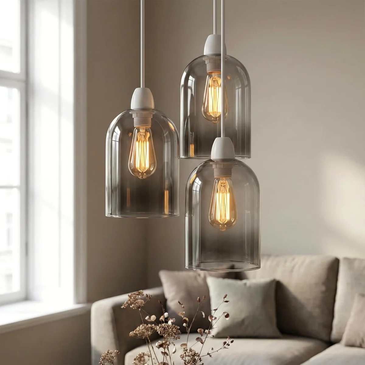 Smoked glass lamp shade in a sleek 23cm tall cylindrical design with open bottom for even light distribution