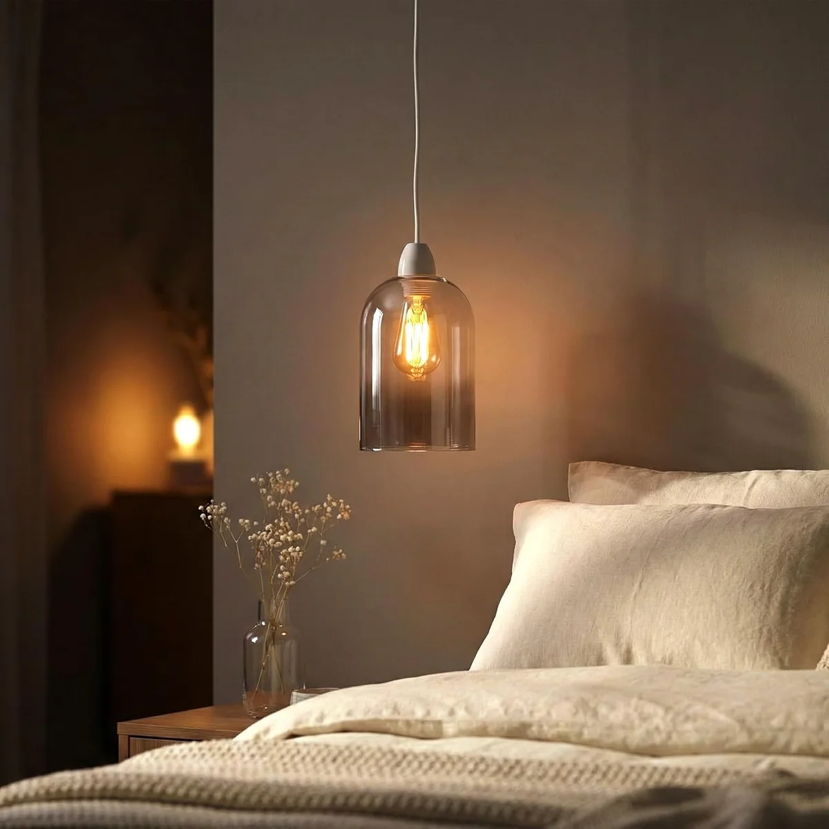 Smoked cylinder glass lampshade with curved design and open bottom for E27 pendant light replacement