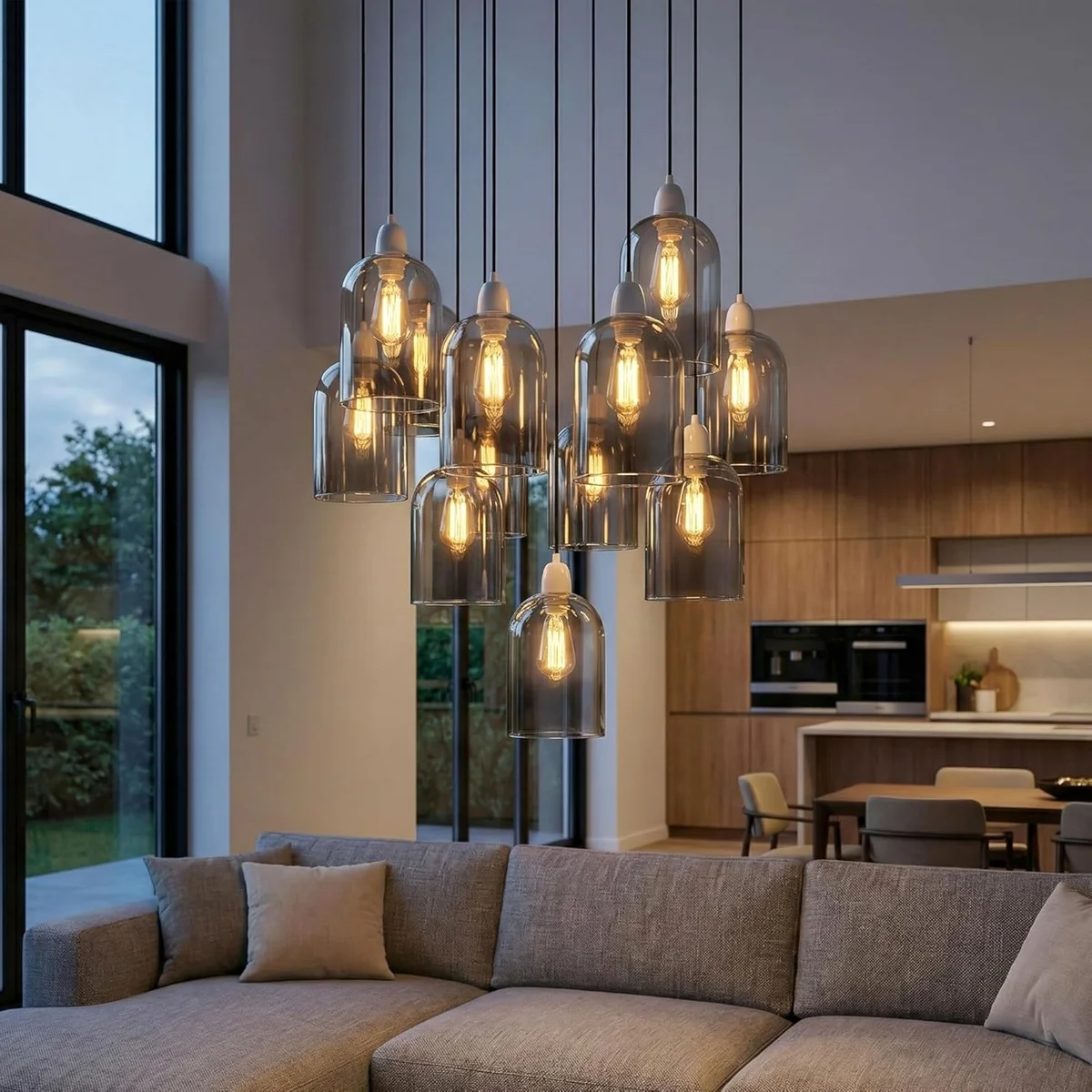 Smoked glass replacement light shade with curved cylinder shape and open bottom for E27 pendant lamps