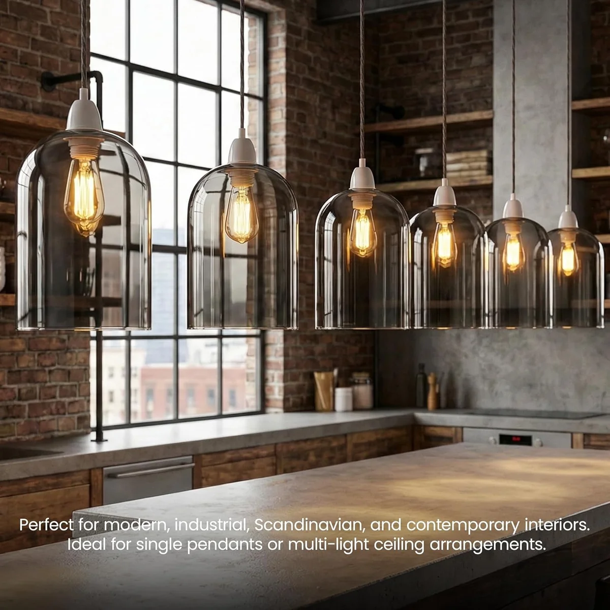 Dark grey lamp shade made of smoked glass, cylindrical design with open bottom for even light distribution