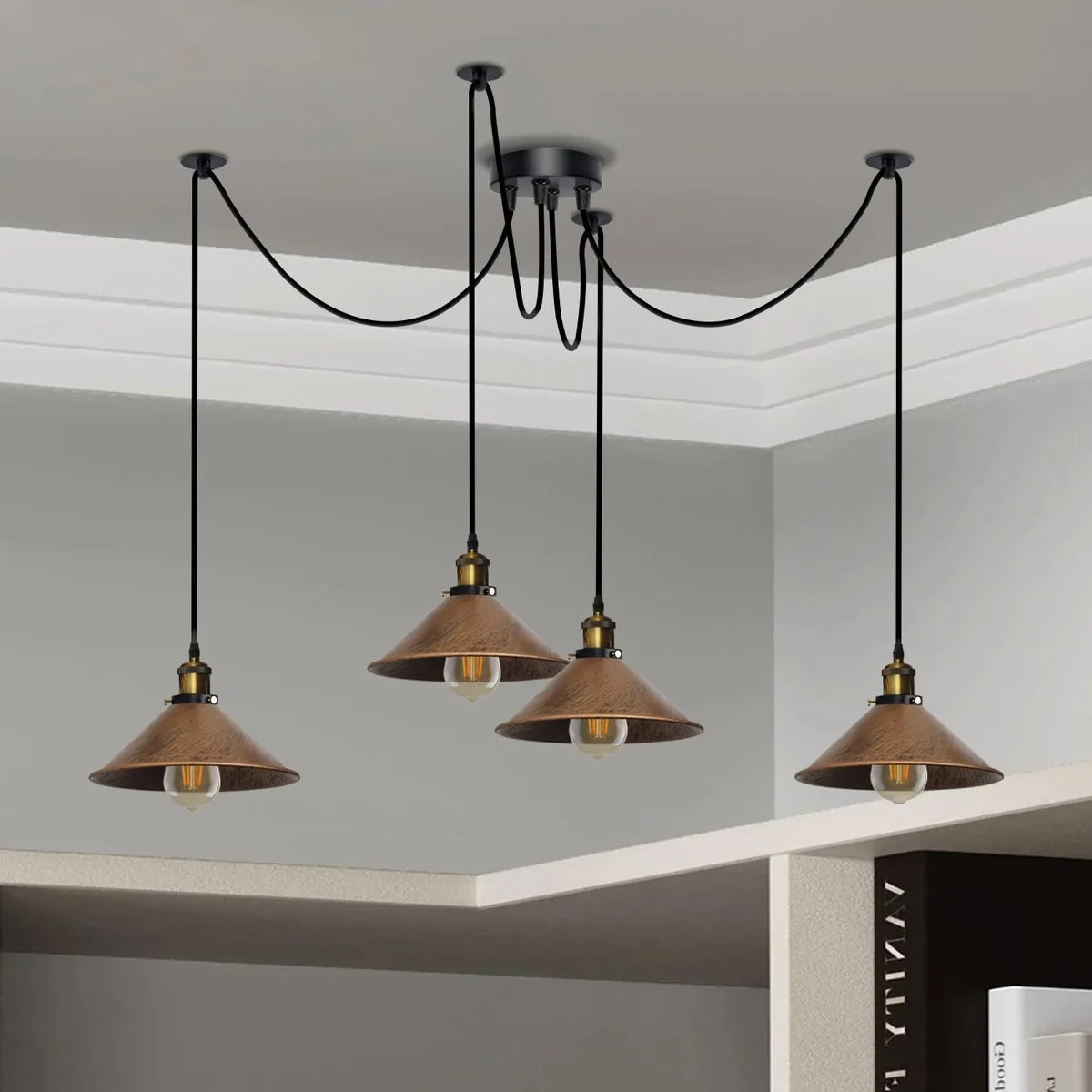 Metal 4-bulb octopus ceiling light with adjustable long cables and cone shades in industrial style chandelier design