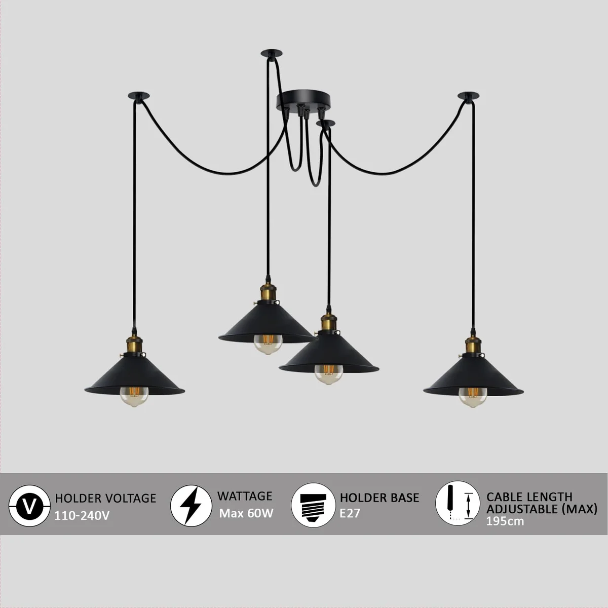 4 bulb ceiling light with adjustable metal octopus design, four E27 sockets, and long 2m cables in multiple colors