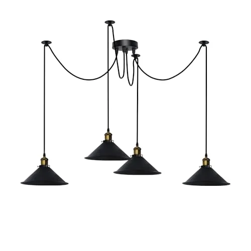 Metal spider chandelier with four adjustable cone shades hanging from long cables in a modern dining room setting