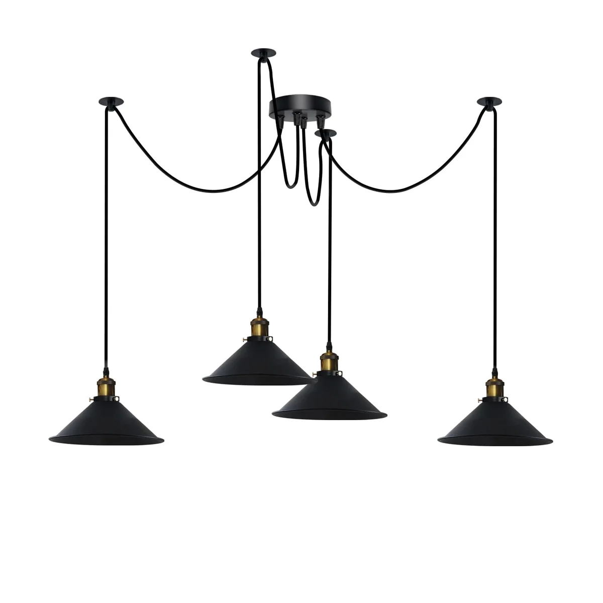 Modern 4-bulb octopus ceiling light with metal shades and long adjustable cables in multiple colours hanging from ceiling