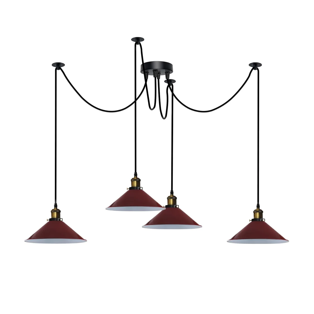 Metal 4-bulb octopus ceiling light with adjustable 2m cables and cone shades in multiple color options
