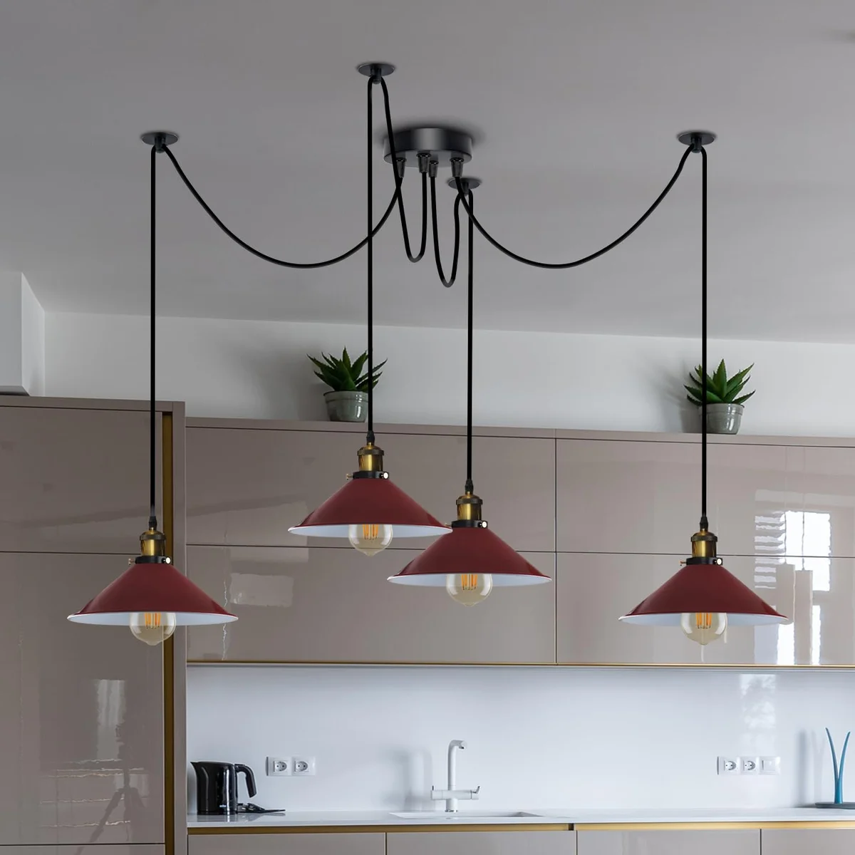 Modern 4-bulb octopus ceiling light with metal shades and long adjustable cables in multiple colors, shown installed.