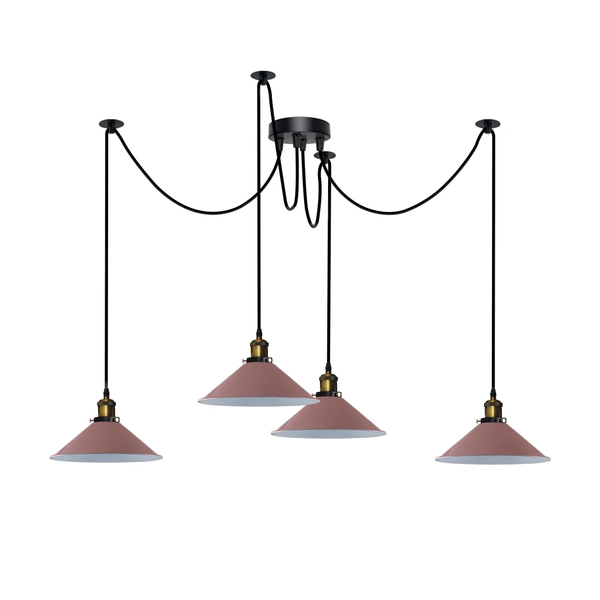 Black metal 4-bulb octopus ceiling light with long adjustable cables and cone-shaped shades hanging from ceiling plate