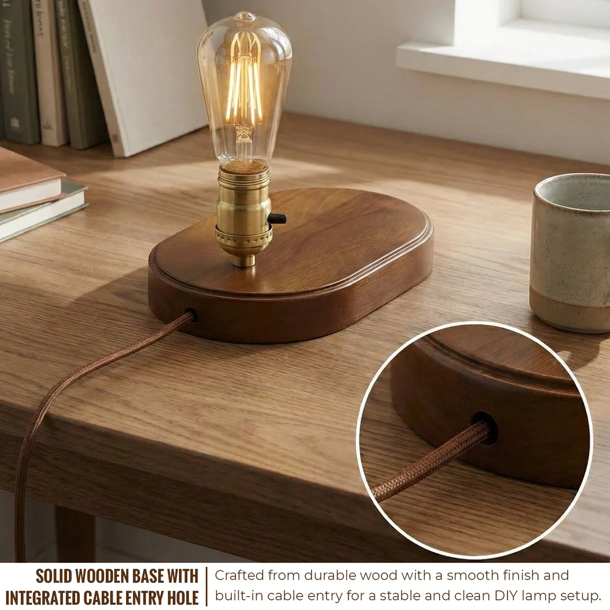 Wooden lamp base: 120mm walnut round ceiling rose with central hole, smooth sanded finish, ready for modern pendant lights.