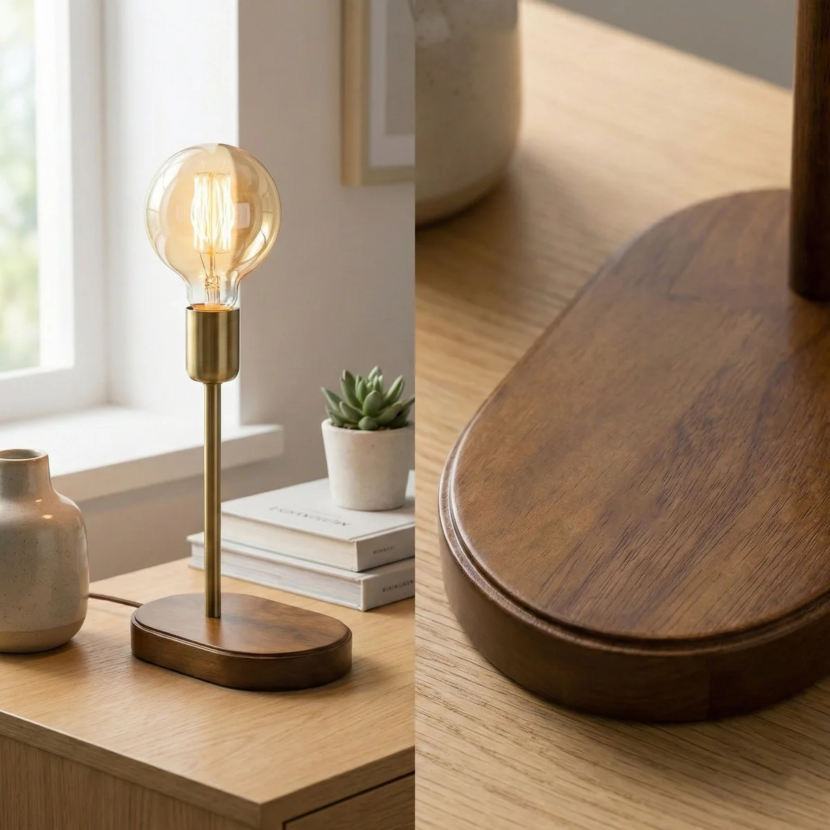 Round solid wood lamp base in walnut finish, 120 mm diameter, 25 mm depth, with central hole and side cable access.