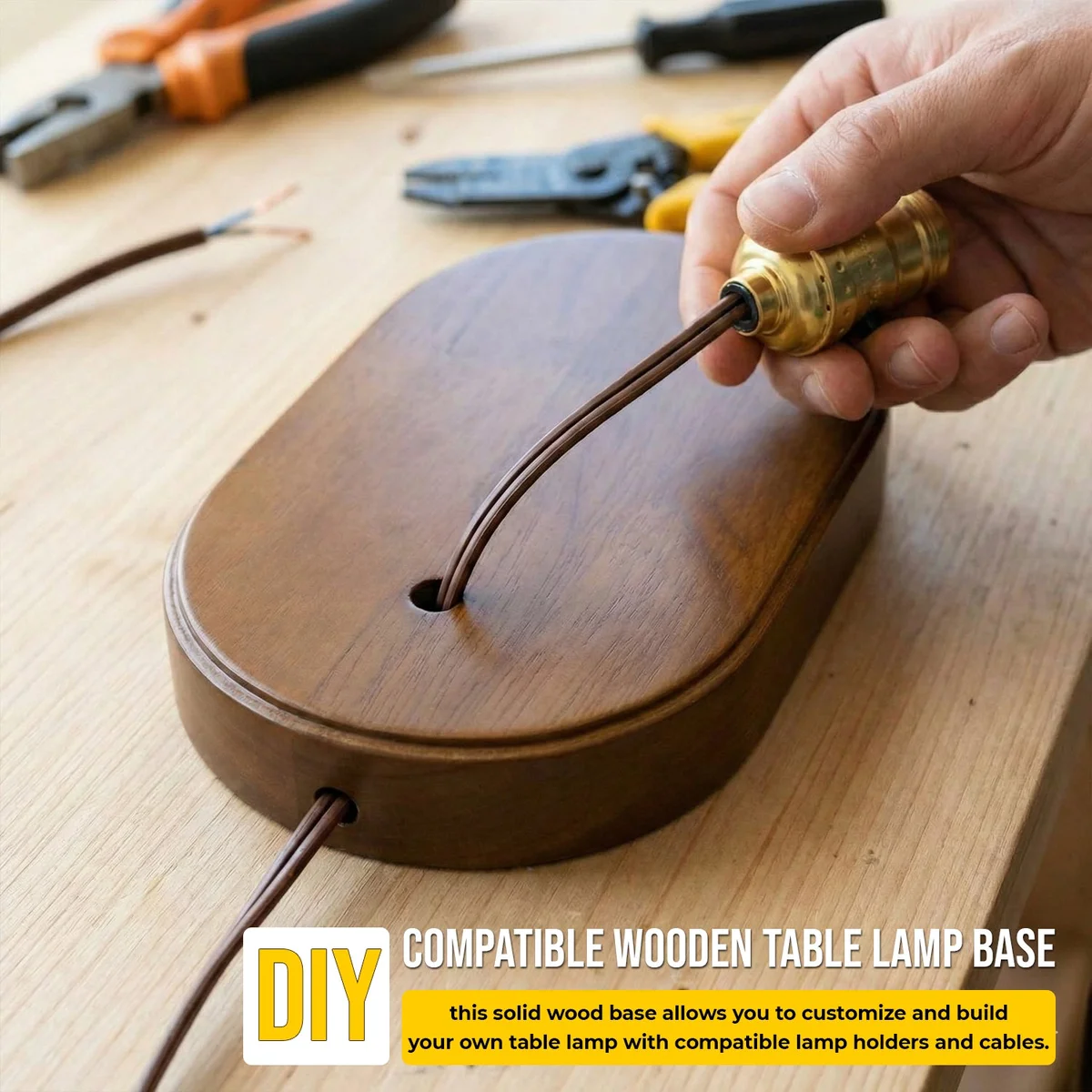 Round walnut wooden lamp base, 120mm diameter, 25mm depth, central hole, smooth sanded finish, hides ceiling wiring.