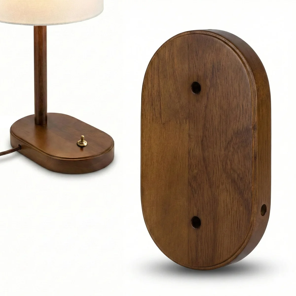 Wooden lamp base: solid walnut wood round ceiling rose, 120mm diameter, 25mm depth, smooth sanded finish, predrilled centre