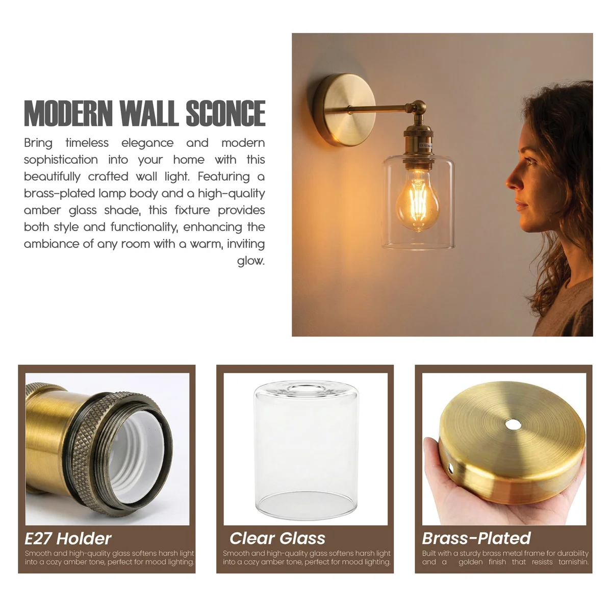 Vintage brass wall sconce with adjustable arm and clear glass wall light cylinder shade, mounted on a yellow brass base