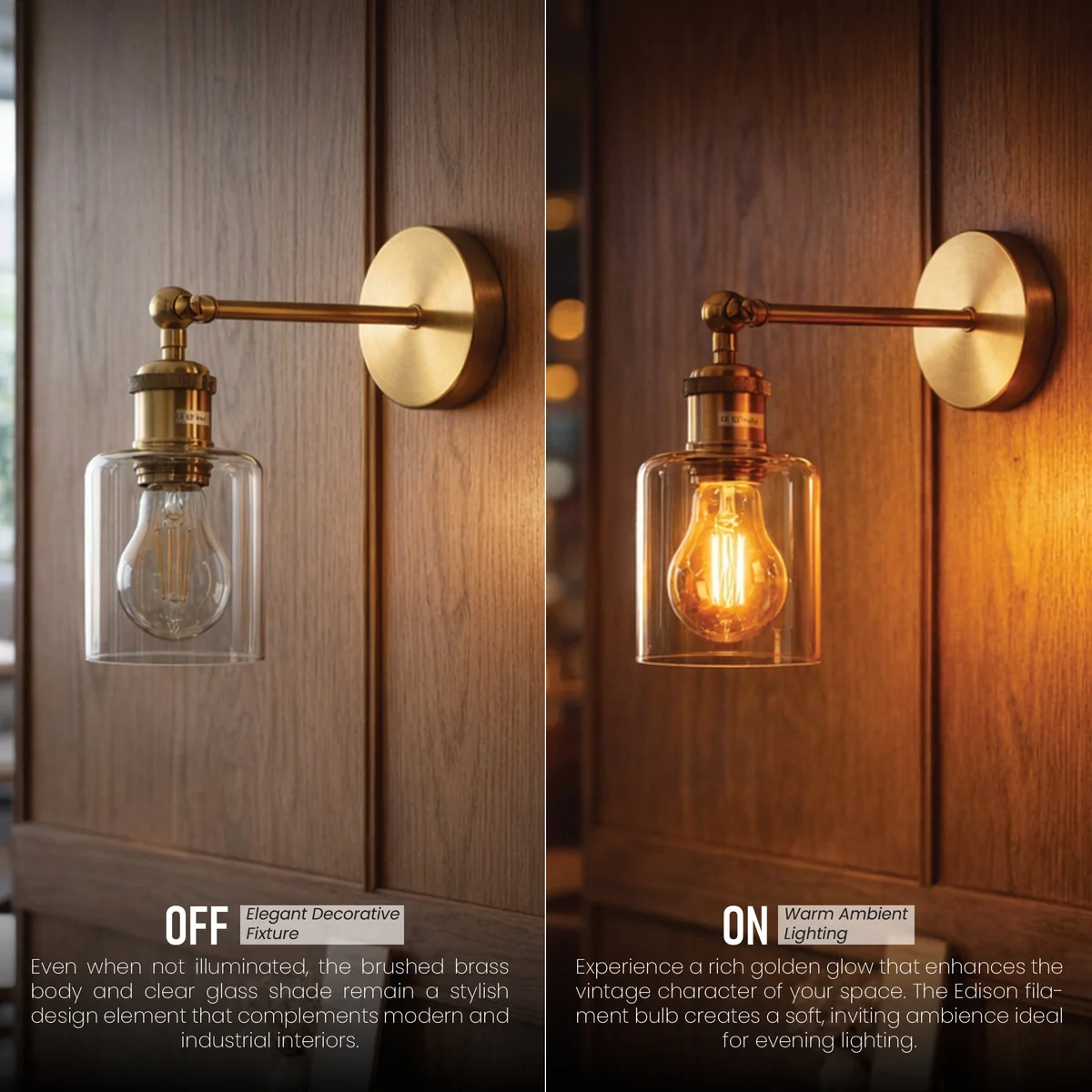 Vintage brass E27 bulb wall sconce with adjustable arm and clear glass cylinder shade mounted on a wall