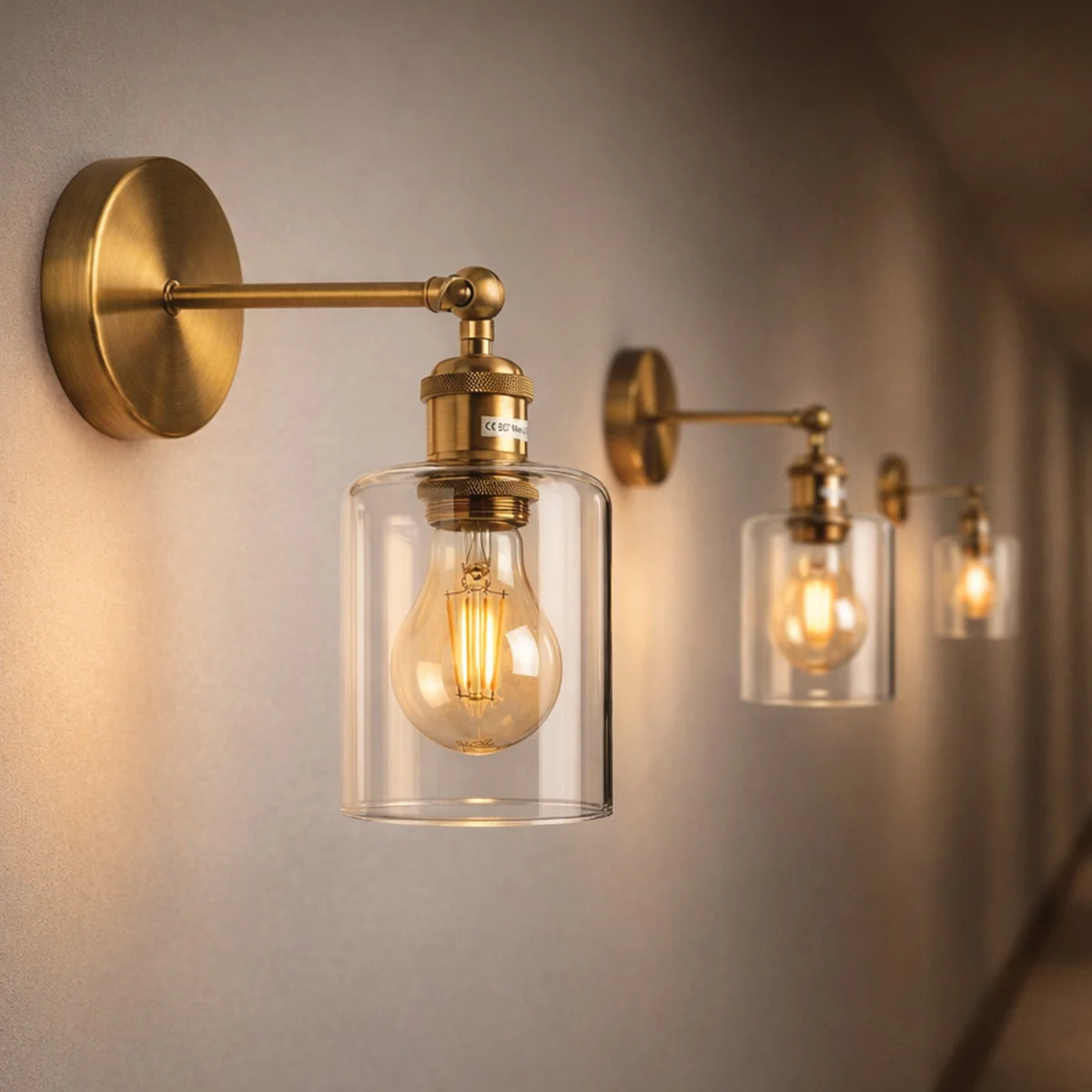 Vintage brass wall sconce with adjustable 180° swing arm and clear cylinder glass shade mounted on wall